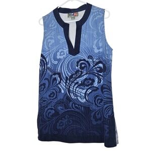 Hilo Hattie Vintage-Style Ombre Blue Hawaiian Silk Tunic‎ Dress Large Floral